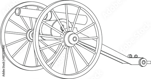 Historic antique field cannon on two‑wheeled wooden carriage, detailed black and white line art illustration for military history and education