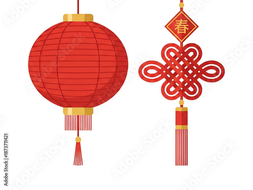 Vector icon set : hanging red chinese lantern and knot ornament - Chinese New Year decoration, Lunar festive celebration, success, luck, prosperity, wealth blessings, good fortune, auspicious symbol