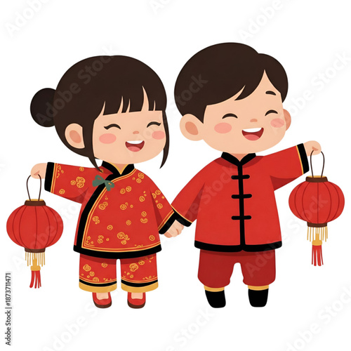 Vector icon illustration : cute cartoon character happy Asian children, wearing traditional clothing, holding chinese lantern - celebrating Chinese New Year, Lunar festive celebration, luck prosperity
