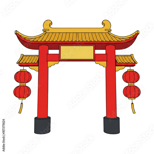 Vector icon illustration : traditional ancient Chinese gateway, paifang archway, hanging lanterns - Chinese New Year Lunar celebration, cultural entrance, historical architecture, Beijing China travel