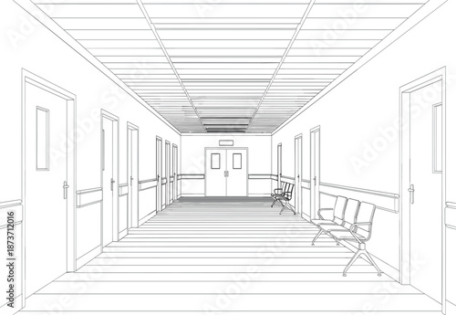 Hospital hallway, medical corridor, healthcare interior, waiting area, clinical space, sterile design, patient chairs, emergency exit, symmetrical architecture, clean environment