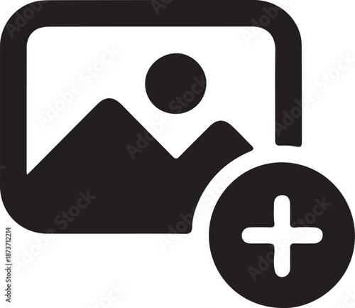 Black icon of a photo with a plus sign on transparent background on transparent background add addition image insert mountain photography picture symbol upload append