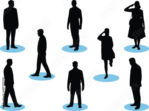 Collection of professional male and female silhouettes in various poses including walking and standing on blue circular social distancing platforms.