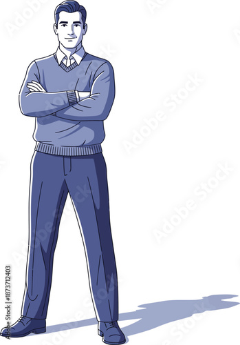 Fulllength drawing of a handsome man in a blue vneck sweater smiling confidently with arms folded.