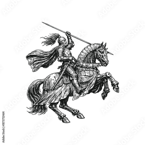 Armored Knight on Warhorse Raising Spear Engraving Illustration