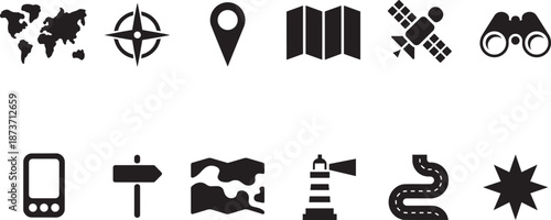 Navigation and travel map icons with compass world globe satellite location pins and binoculars