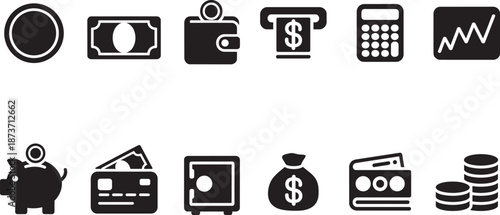 Financial banking icons with money banknote coins wallet atm machine calculator and credit card