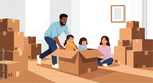 Happy Family Moving Day Fun Kids Playing in Cardboard Boxes New Home