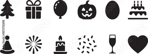 Set of black silhouette celebration and party icon collection isolated on transparent background