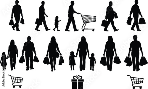 Shopping family silhouettes with carts and bags showing parents children retail lifestyle supermarket 