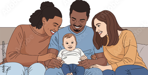 Happy diverse family with baby illustration sharing a loving moment