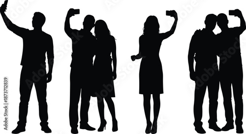 Silhouettes of people taking selfies with smartphones, couples and friends capturing moments, social media lifestyle, technology, photography, communication, and fun