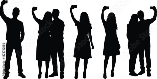 People silhouettes taking selfies with smartphones, couples and individuals capturing moments, social media lifestyle, photography, technology, friendship, fun, vector illustration