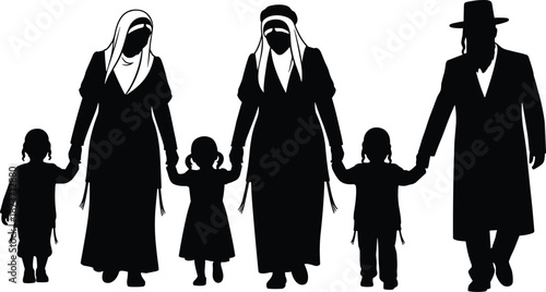 Traditional religious family silhouette holding hands together, showing faith, unity, love, culture, heritage, protection, parenting, community values, and harmony concept