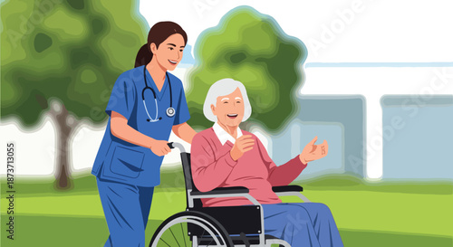 Happy nurse pushing smiling senior woman in wheelchair outdoors
