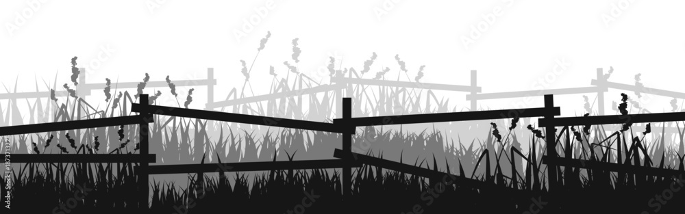 Obraz premium Meadow silhouettes with grass and old wooden fence. Countryside, panoramic summer lawn rural landscape with herbs, weeds. Herbal border, frame element. Black horizontal banners. Vector illustration