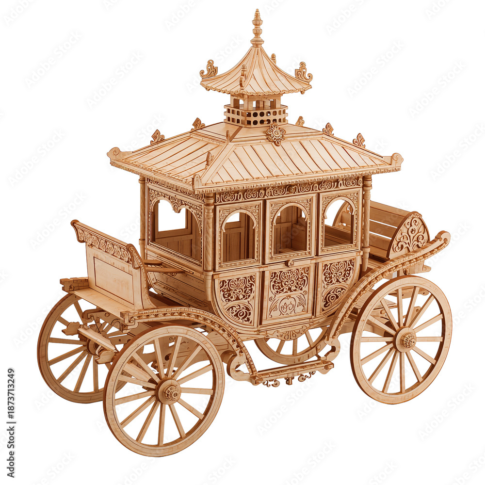 Fototapeta premium Intricate Wooden Carriage Model - Laser Cut Craft, Historical Transport