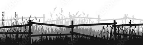 Meadow silhouettes with grass and old wooden fence. Countryside, panoramic summer lawn rural landscape with herbs, weeds. Herbal border, frame element. Black horizontal banners. Vector illustration