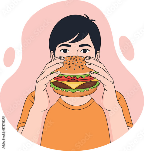 Illustration of a young man with black hair in an orange shirt holding a large delicious cheeseburger up to his face ready to eat.