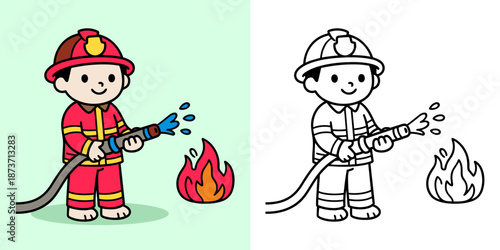 cute fireman putting out the fire coloring page for kids