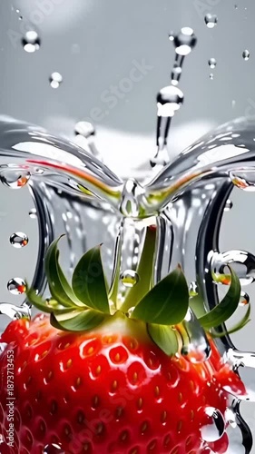 Fresh red strawberry falling into clear water creating a splash with bubbles