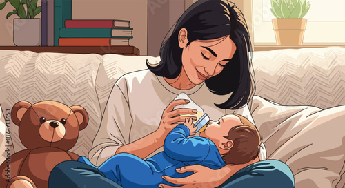Loving mom feeding infant child with milk bottle on a cozy couch at home