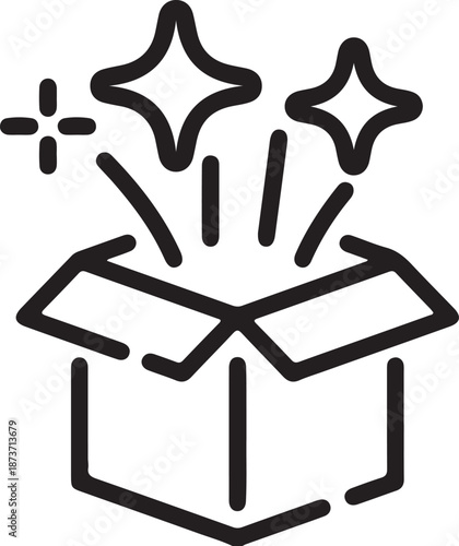 Black line art of an open box with sparkles on transparent background sparkle star package delivery surprise excitement joy gift present icon symbol illustration graphic