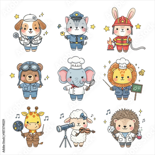 Animals Dressed as Professionals Vector Illustration