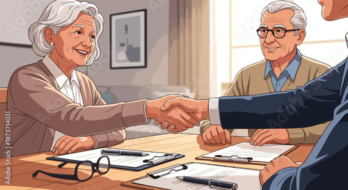 Senior couple handshake with financial advisor after successful agreement