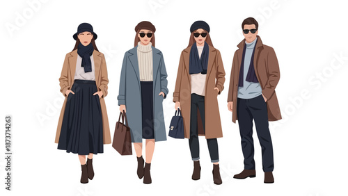 Flat vector illustration of four stylish young adults standing in a row. Mix of men and women wearing casual clothes.