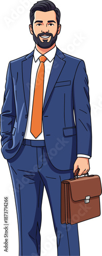 Smiling bearded businessman in a blue suit and orange tie holding a brown leather briefcase.