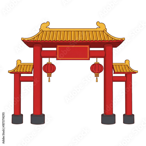 Vector icon illustration : traditional ancient Chinese gateway, paifang archway, hanging lanterns - Chinese New Year Lunar celebration, cultural entrance, historical architecture, Beijing China travel