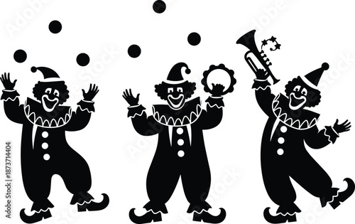 Mardi Gras Juggling Clowns Trio Illustration, Silhouette, Vector, Line Art