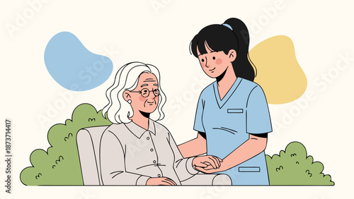 Caring Vector Illustration of a Nurse Assisting an Elderly Woman with Gentle Support