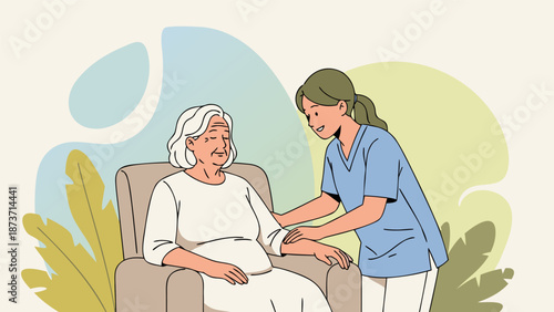 Caring illustration vector of a nurse assisting an elderly woman in a chair