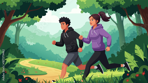Healthy Lifestyle Vector Illustration of a Couple Running Together on a Forest Path