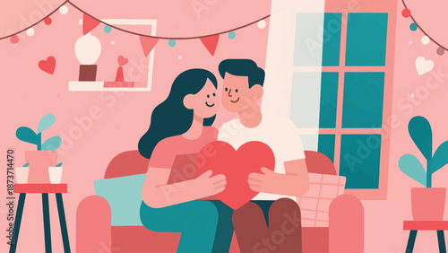 Illustration Of Asian Couple Celebrating Valentine’s Day At Home, Simple Decoration Vector Design Template