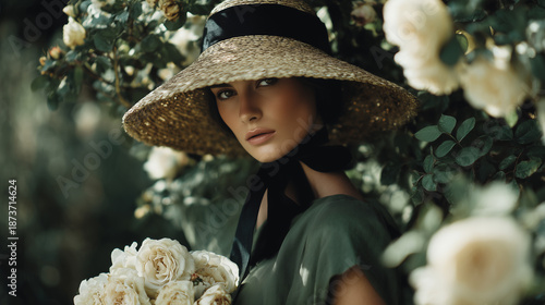 A young woman stands in a lush garden filled with blooming white roses. She wears a wide-brimmed straw hat and a green outfit while looking directly at the camera.