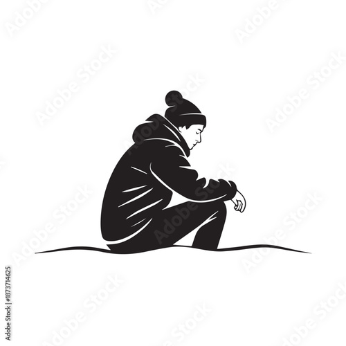 Simple silhouette of man crouched down wearing winter cap and jacket in outdoor scenery as drawing of person sitting lonely on snowy hill