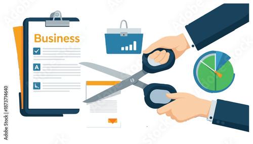 Business hands cutting document with scissors, symbolizing cost reduction or efficiency.