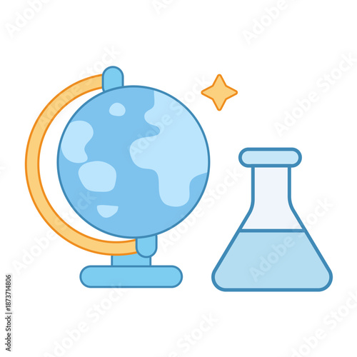A world globe next to a laboratory beaker representing STEM subjects