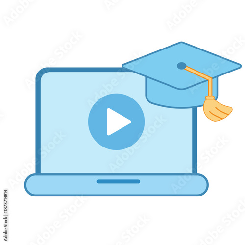 A laptop with a play button and a graduation cap representing digital learning