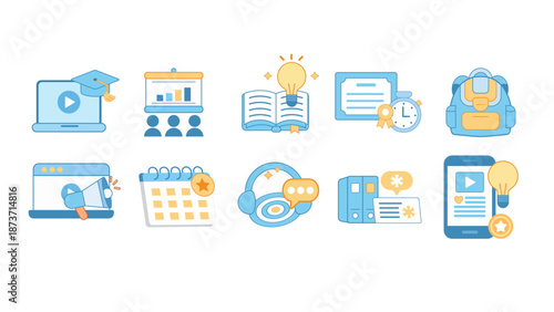 Collection of modern line icons related to training courses learning programs skill development education and professional growth