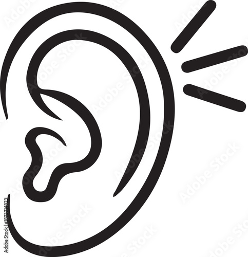 Hearing loss sign with sound waves on transparent background ear deaf deafness loud noise icon symbol warning alert black and white illustration graphic simple line
