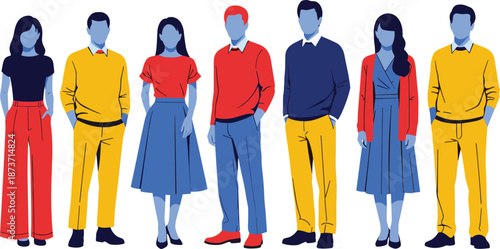 Large set of diverse male and female character illustrations standing in a row wearing modern colorful business casual office attire.