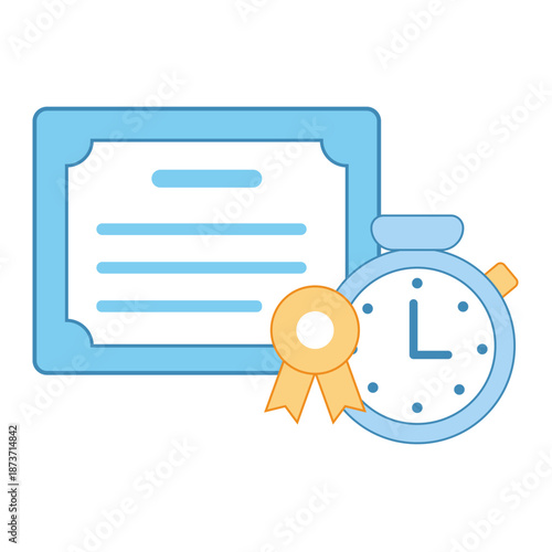 A diploma or certificate next to a stopwatch and a ribbon medal