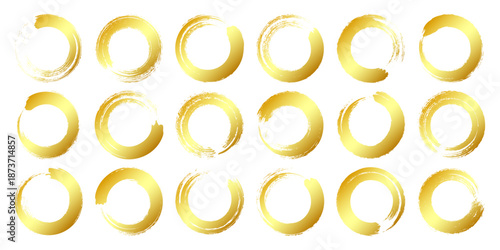 Golden grunge circles, brush strokes, lines, ink smudges, hand-drawn scribble shapes. Handmade sketchy marks, acrylic stains, charcoal streaks. Paint textures, dry brush effect. Vector illustration