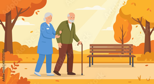 Caretaker Assisting Elderly Walking

A flat vector illustration of an elderly caretaker supporting a senior while walking with a cane or walker. Warm indoor or outdoor setting. Clean flat vector style