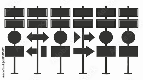 Collection of blank road signs on poles for navigation and direction