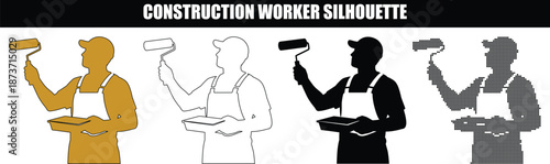 Professional Painter Silhouette Set Holding Paint Roller and Tray for Interior Renovation and Decorating